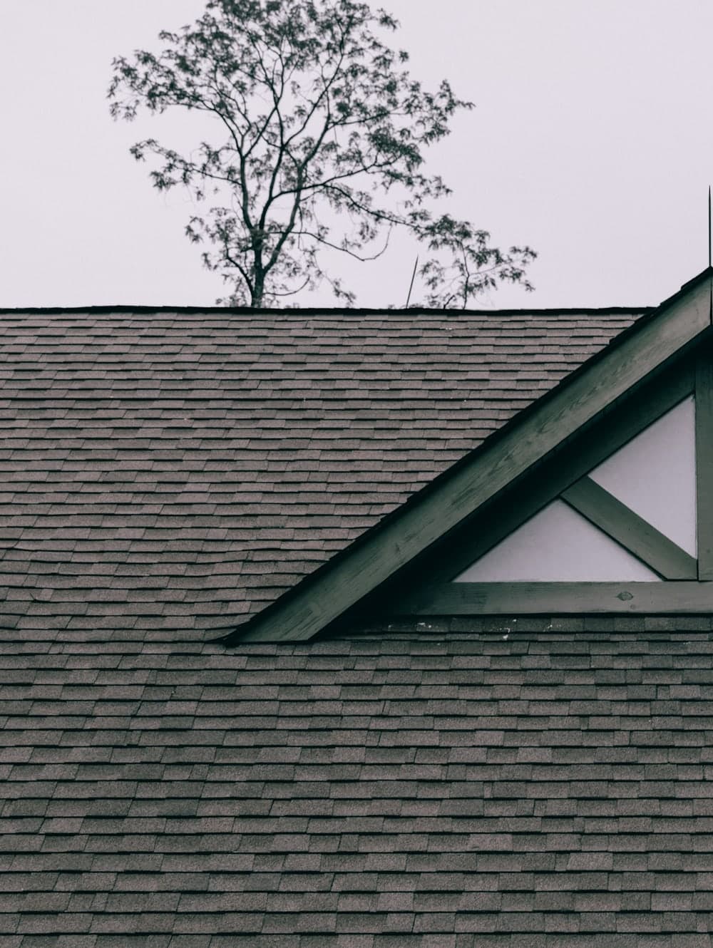 Toiture sombre percée d'une lucarne à fronton triangulaire