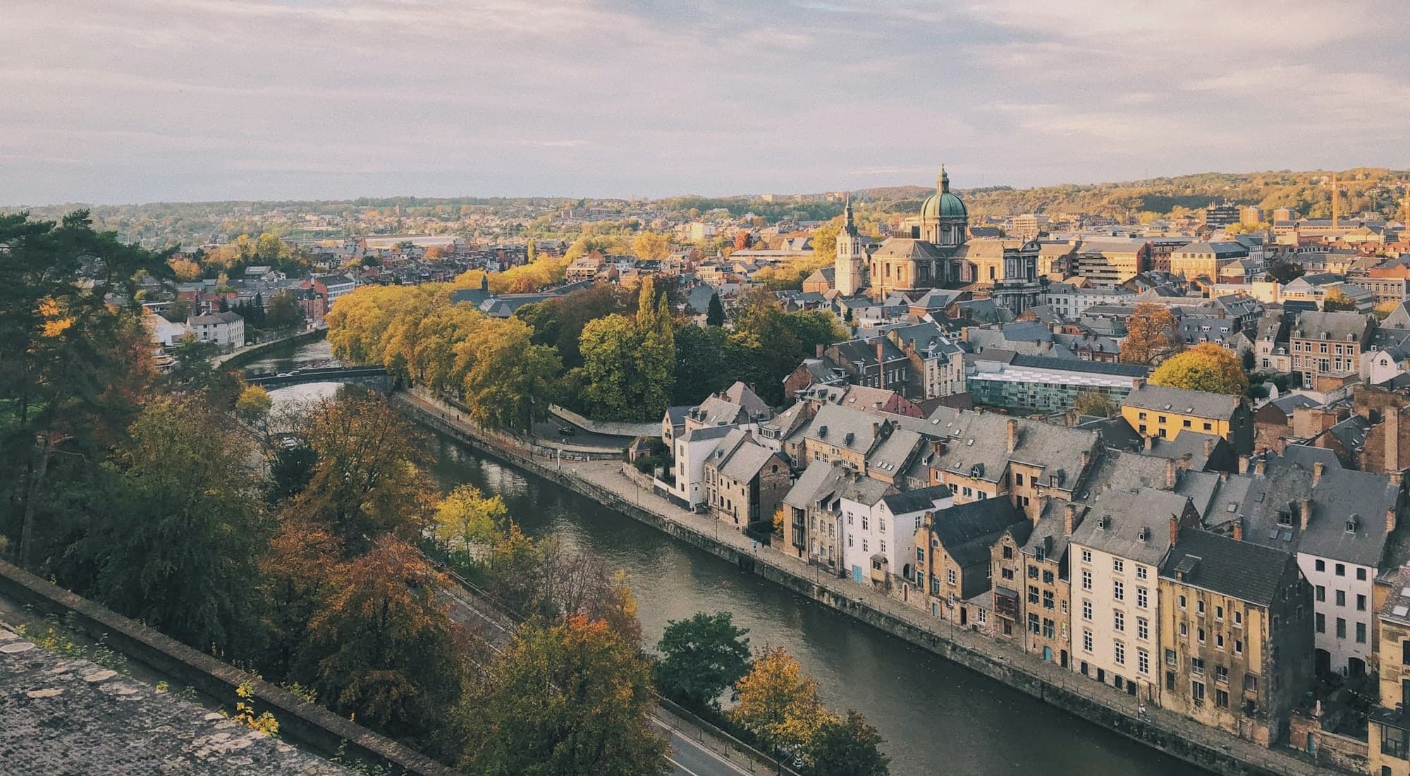 Vue plongeante sur les toits d'ardoise d'une ville wallonne, en bord de rivière